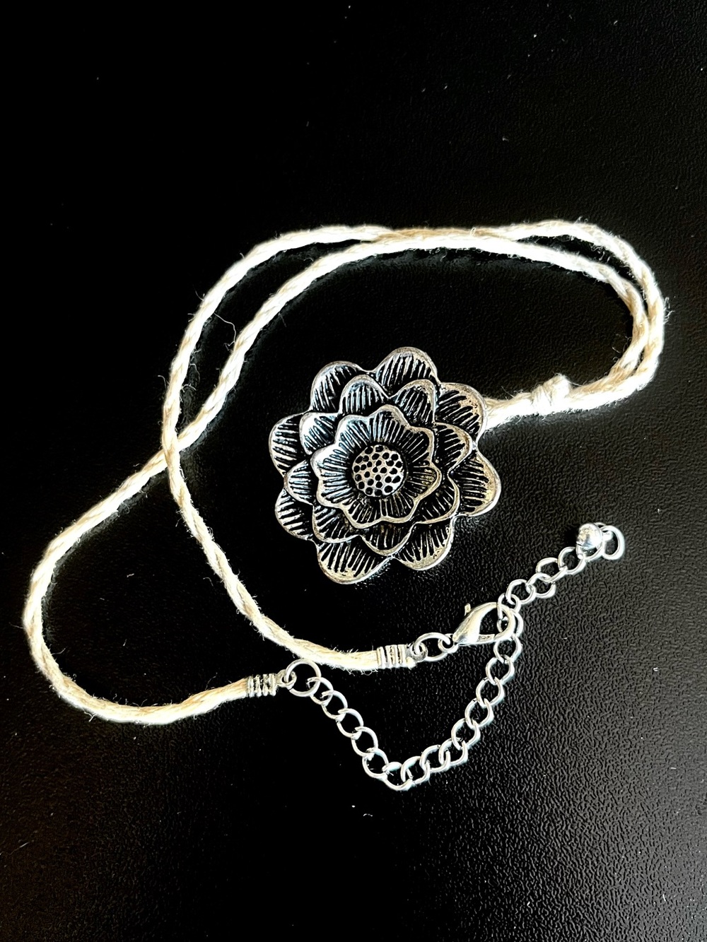 Silver-Tone Weathered Floral Pendant Necklace Rustic Twine Cord